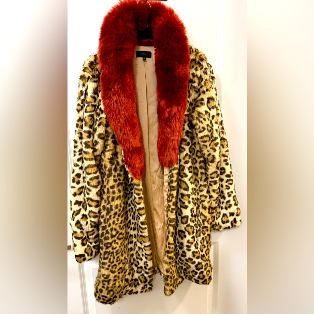 MAJORELLE Leopard Print Teddy Jacket with Red Collar| Sz XS